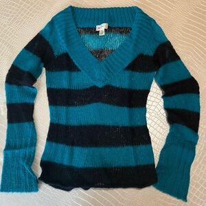 One Step Up Blue & Black Striped Mohair-Blend Sweater | Soft Fuzzy Knit | Size L